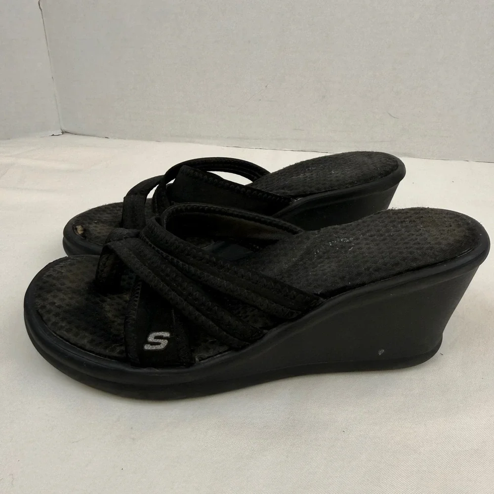 Y2K Vintage Skechers Cali Black Wedge Sandals Platform Thong Slides Size 6